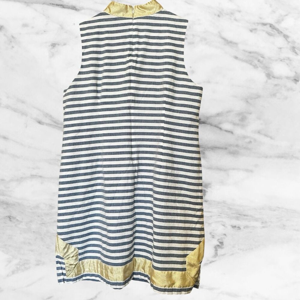 Eliza J Dress Gold Metallic Mandarin Collar Sleeveless Shift Dress Blue Stripes - Picture 4 of 8